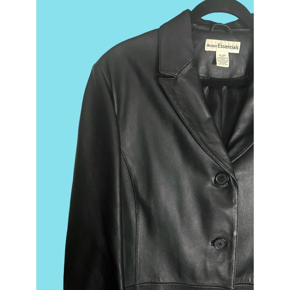Modern Essentials Women’s Trench Coat Black Leather Jacket Pockets Collared XL - Picture 2 of 8